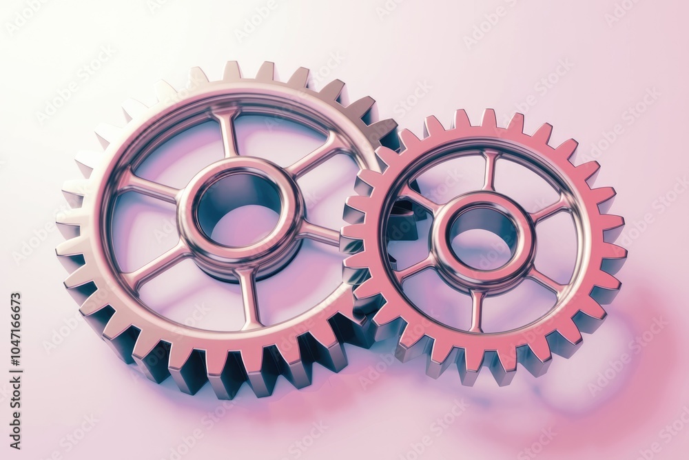 Poster two metallic gears interlocked representing teamwork and collaboration.