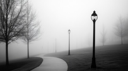 Foggy Path with Streetlights and Silhouetted Trees