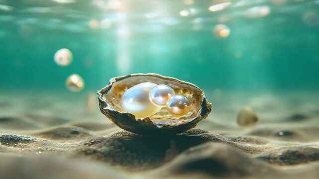 Sunlight illuminating an oyster shell reveals lustrous pearls resting on the sandy bottom of a tranquil body of water