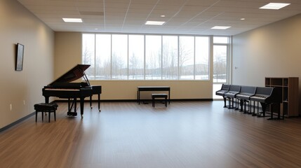 A spacious music practice room with large windows, digital instruments, and relaxing seating, providing excellent facilities for musicians.