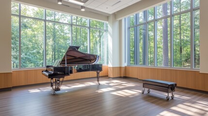 A spacious music practice room with large windows, digital instruments, and relaxing seating, providing excellent facilities for musicians.