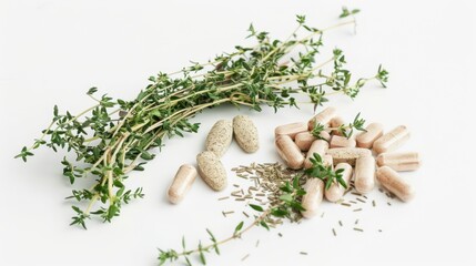 Fototapeta premium Herbal Supplements with Thyme Sprigs on White Background