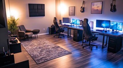 A well-equipped music studio with state-of-the-art audio gear, soft lighting, and ergonomic seating to foster a relaxed practice vibe.