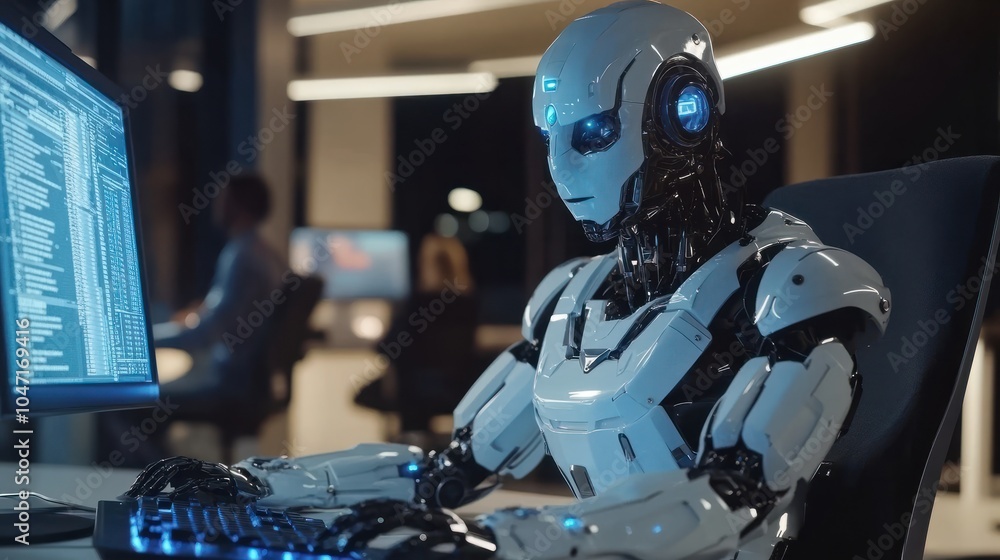 Poster robot working at computer among people. maschine typing on keyboard in office. it team of future. fu
