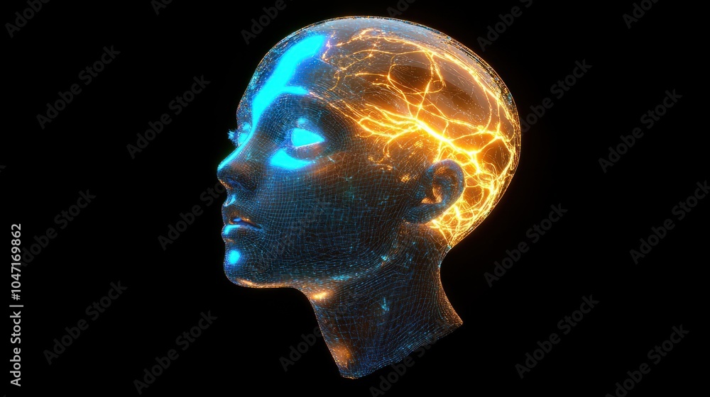 Poster side view of a humanoid head with blue and yellow eyes and vibrant neon neural network, representing