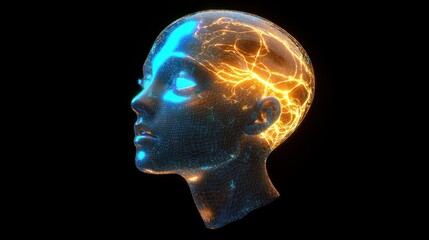 Obraz premium Side view of a humanoid head with blue and yellow eyes and vibrant neon neural network, representing futuristic technology and artificial intelligence. Generative AI