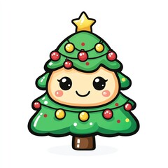 A cute cartoon-style Christmas tree character with colorful decorations and a cheerful face, perfect for festive designs.