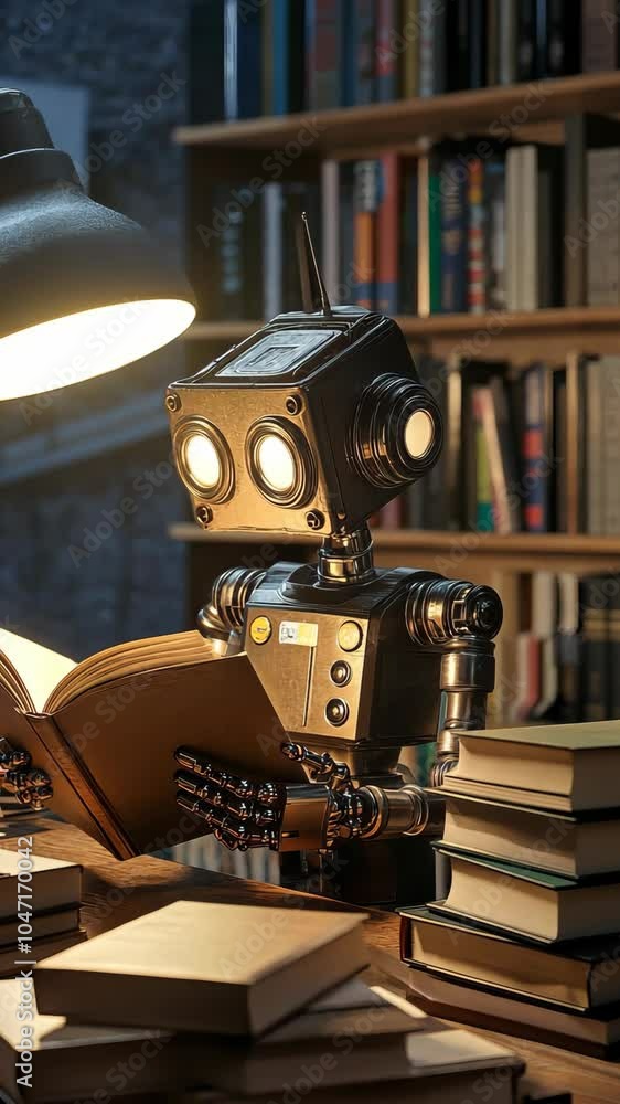 Poster robot engaged in reading a book within a vintage library setting
