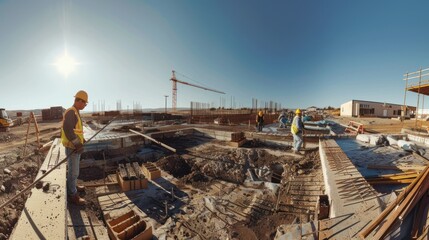 Fototapeta premium Construction Workers at a Building Site with a Crane in the Background