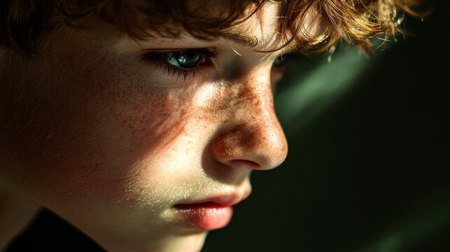 Close-up portrait of a young boy with freckles and green eyes looking down