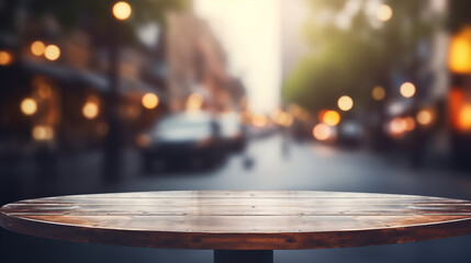 Obraz premium Wooden Table Top with Blurred City Lights Background