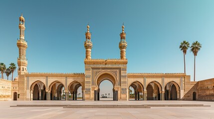 Fototapeta premium Mosque Entrance with Arched Passageways and Twin Minarets