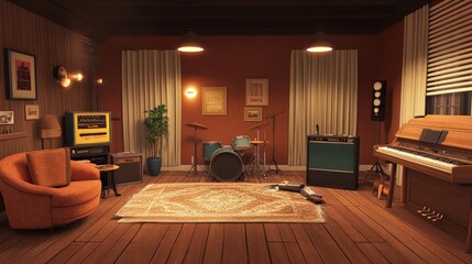 Music room featuring keyboards, a drum set, and cozy furnishings, creating a great environment for...