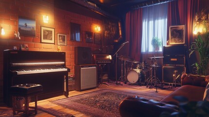 Music room featuring keyboards, a drum set, and cozy furnishings, creating a great environment for...