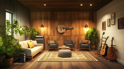 Music room with modern instruments, acoustic panels, and cozy seating, ensuring both comfort and...