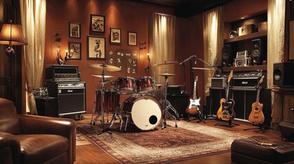 Practice room with drums, guitars, and recording tools, paired with a cozy atmosphere for focused...