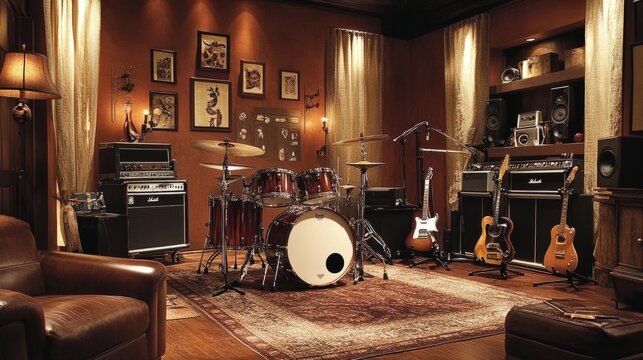 Practice room with drums, guitars, and recording tools, paired with a cozy atmosphere for focused and creative sessions.