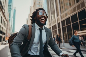 Young African American businessman riding a bicycle in New York streets