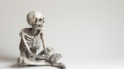 Isolated spooky skeleton sitting with crossed legs on a white background