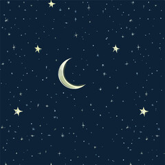 Naklejka premium Magical Seamless Starry Sky with Crescent Moon Background for Designs