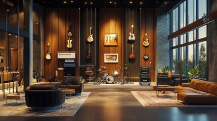 Spacious, well-lit music room with guitars on display, a drum kit, and plush seating for musicians...