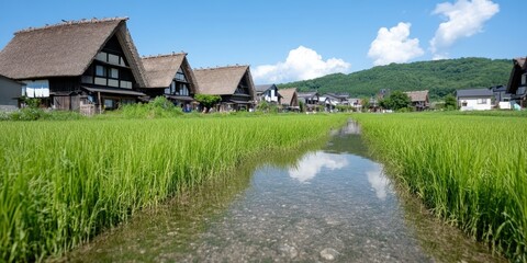 Fototapeta premium Japanese Village Landscape with Rice Paddy Field and Stream