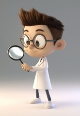 Curious cartoon scientist holding magnifying glass