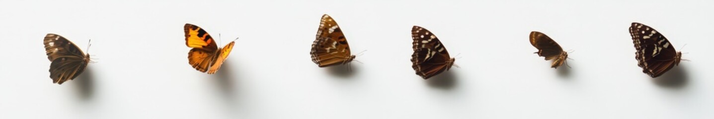 Diverse butterflies in flight on a plain background