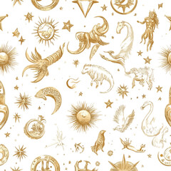 Obraz premium Luxurious Seamless Zodiac Golden Pattern with Stars