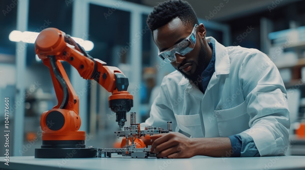 Poster african american engineer working with automatic robotic arm machine in a factory