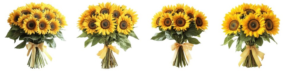 Fototapeta premium Beautiful bouquet of sunflowers with bright yellow petals and dark brown centers tied with a yellow ribbon
