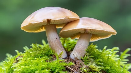 Two Mushrooms Growing in Mossy Forest Floor