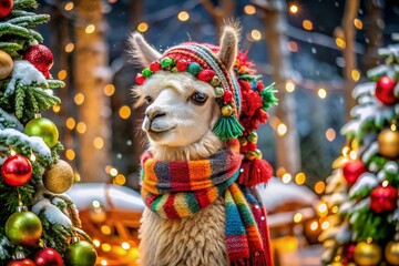 Trendy Christmas Alpaca Fashion Photography with Festive Accessories and Cozy Winter Vibes