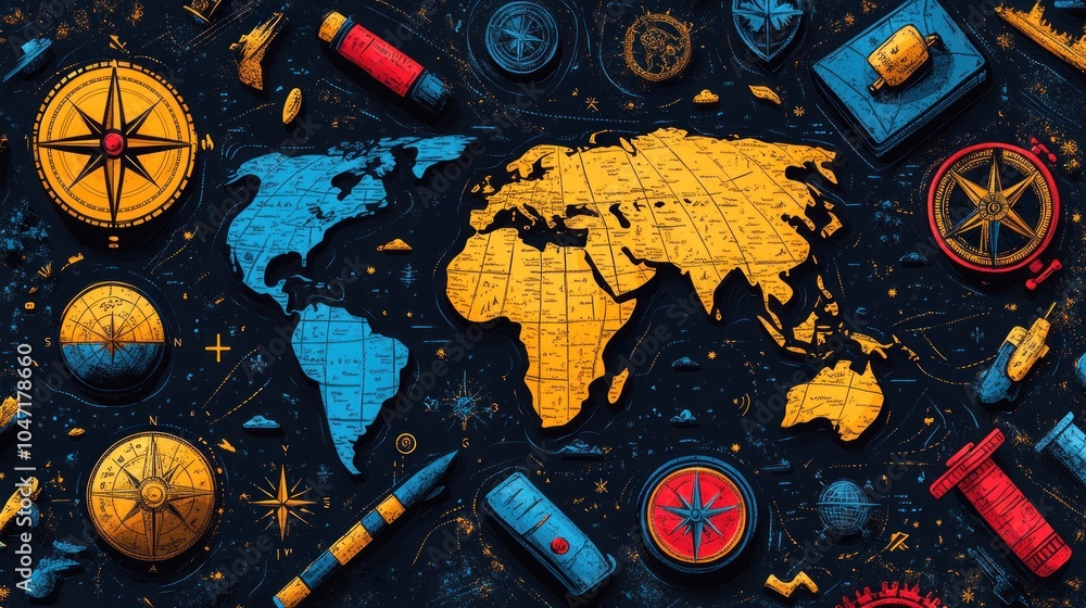 Poster a colorful world map surrounded by navigational tools and symbols of exploration.