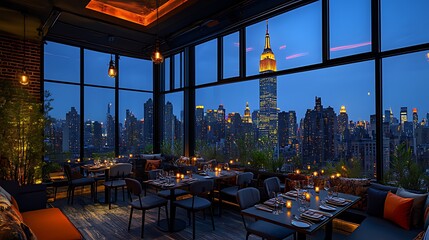 A rooftop restaurant with large windows offering a stunning view of the New York City skyline at dusk.