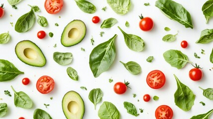 A fresh salad with leafy greens, avocado, and cherry tomatoes, isolated on white background.