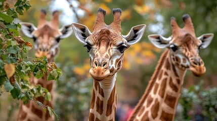 Obraz premium Giraffes Stretching Necks for Leaves in Nature