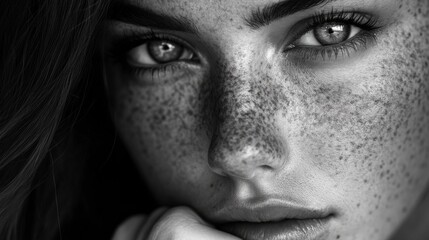Naklejka premium Close-up Black and White Portrait of a Woman with Freckles