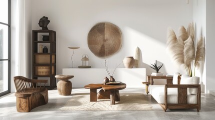 A modern nomad-inspired living room design boasting a white canvas backdrop, Enhanced by minimalist nomadic furniture arrangements, Modern nomad minimalist style