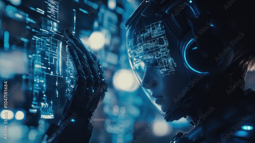 Poster futuristic ai robot interacting with a digital interface