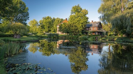 Fototapeta premium A quaint house with a pond and lush greenery