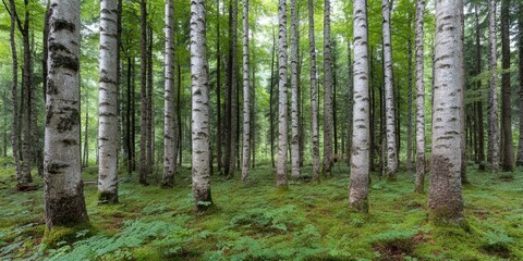 Fototapeta premium Lush Birch Forest with Green Undergrowth Nature Photography