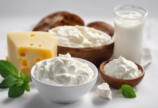 Dairy products Milk sour cream cheese mozzarella yogurt isolated on white background full depth of f