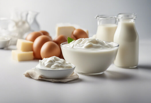 Dairy products Milk sour cream cheese mozzarella yogurt isolated on white background full depth of f