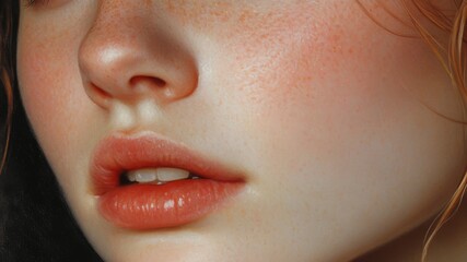 Naklejka premium Close-up of a Woman's Face with Freckles and Red Lips