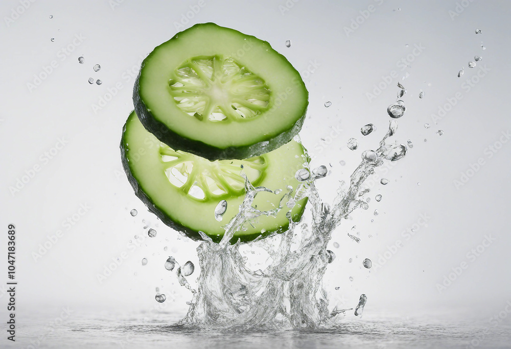 Poster falling cucumber slice isolated on white background full depth of field