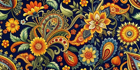 Vibrant Floral Paisley Pattern with Yellow and Orange Flowers on Navy Blue Background for Stunning Decor
