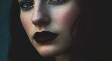 Fototapeta premium Close-up portrait of a woman with dramatic makeup and dark lips