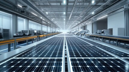 Naklejka premium Large Production Line with Industrial Robot Arms at Modern Bright Factory. Solar Panels are being Assembled on Conveyor. Automated Manufacturing Facility