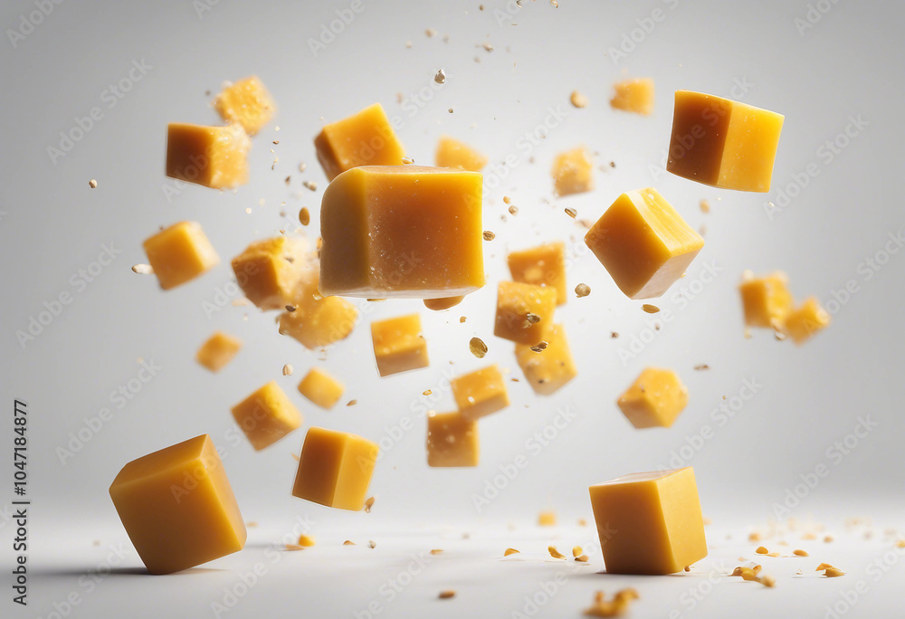 Poster falling mango cube isolated on white background full depth of field